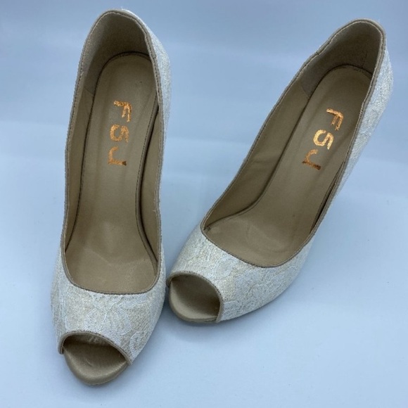 Ivory Wedding Shoes Lace Heels Peep Toe Wedge - Picture 7 of 10